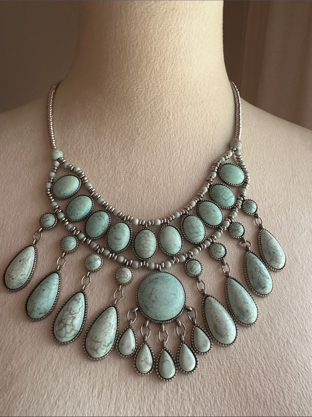 Stone Statement Teardrop Bib Necklace - Turquoise Tone dyed Howlite
